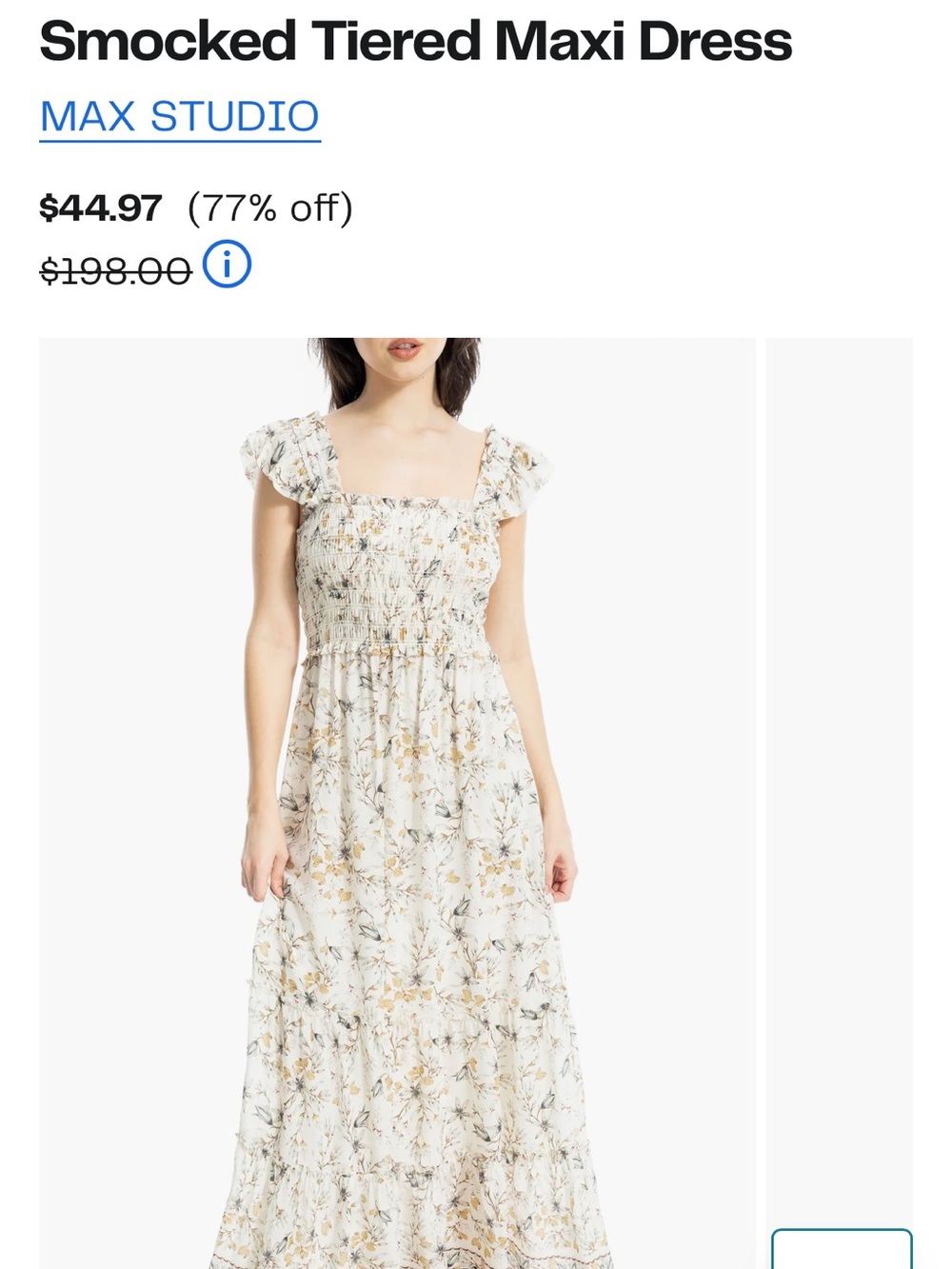 Max Studio Cream Floral Smocked Tiered Maxi Dress with Ruffle Sleeves
